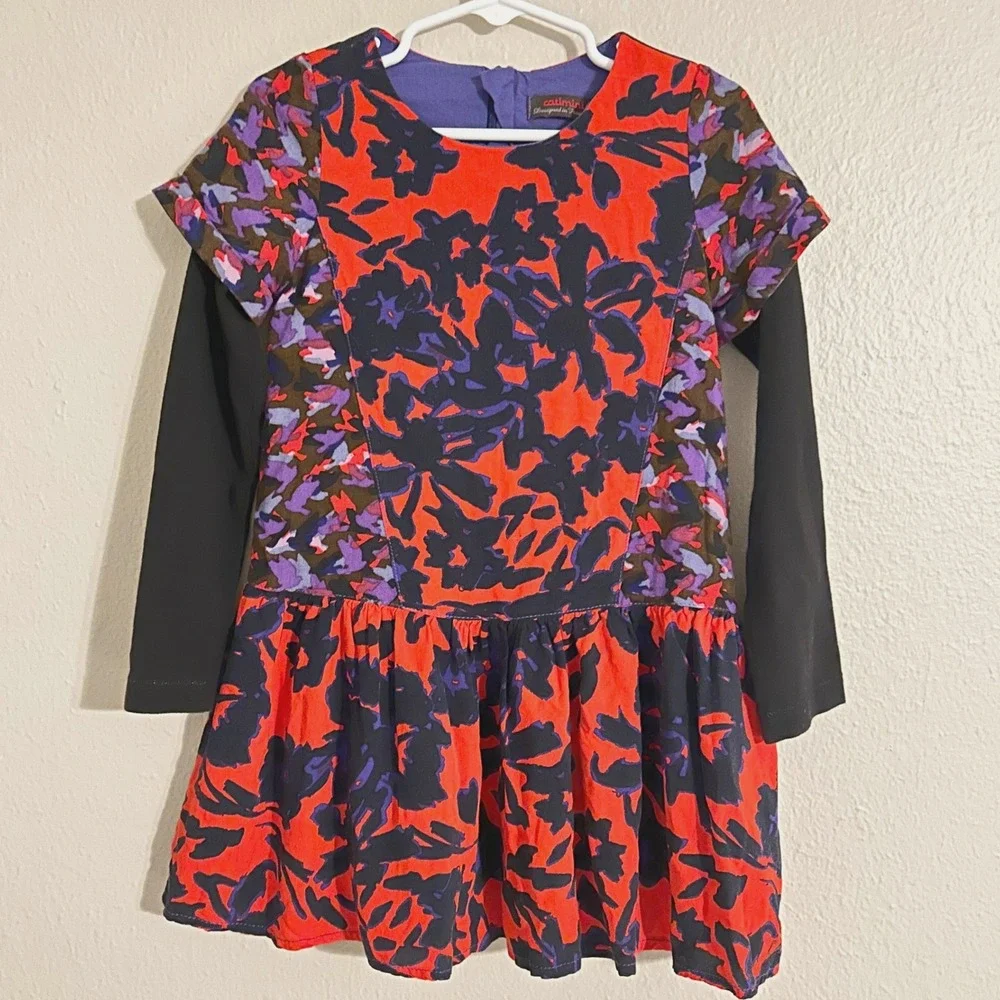 Catimini Floral Drop‎ Waist Dress Kids Size 5 Red Purple Black Long Sleeve